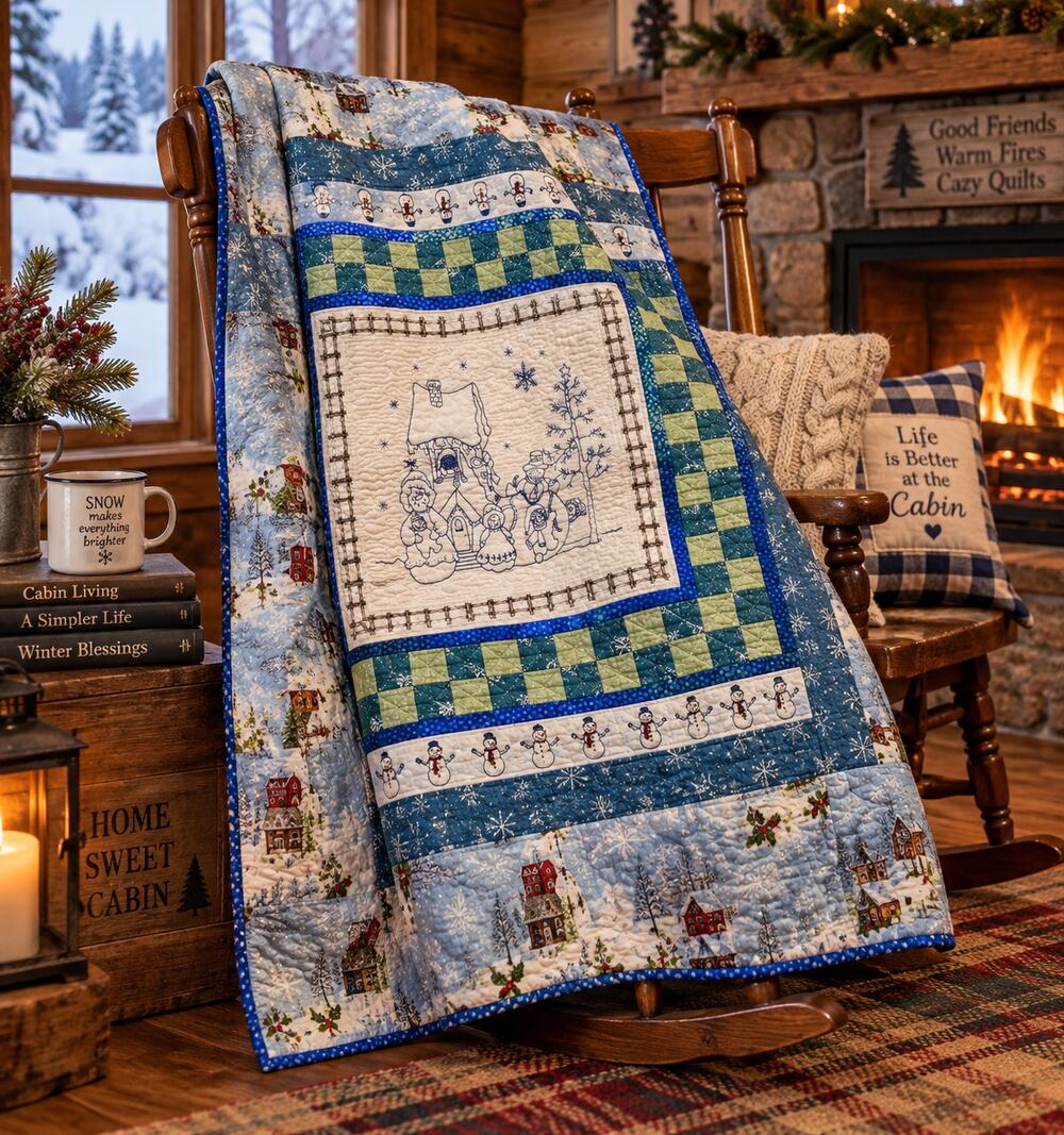Vintage Snowman Throw Quilt Hand Embroidered Pieced Machine Quilted 55x60